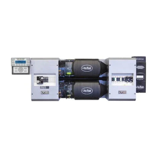 Outback Power FP2 VFXR3048E inverter system front view with two control modules
