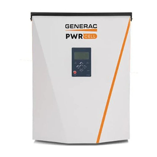 Generac PWRcell energy storage system front view with control panel and orange accent