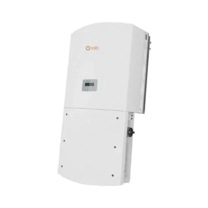 Solis 60K-US-F solar inverter front view, white casing with LCD display, wall-mounted