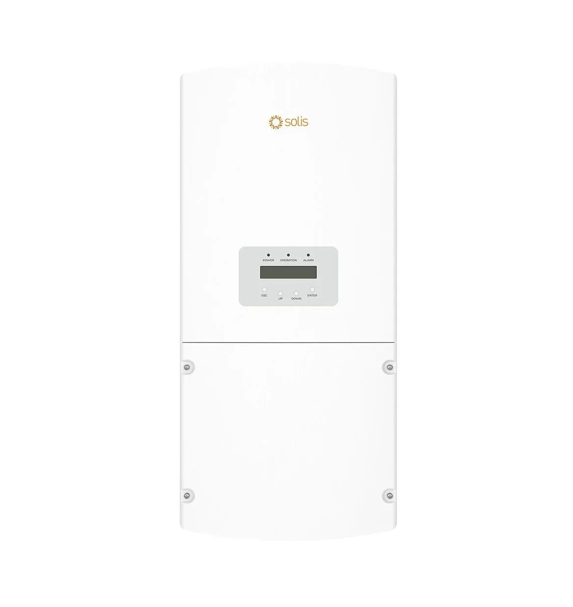 Solis white solar inverter with LCD display and control buttons, front view