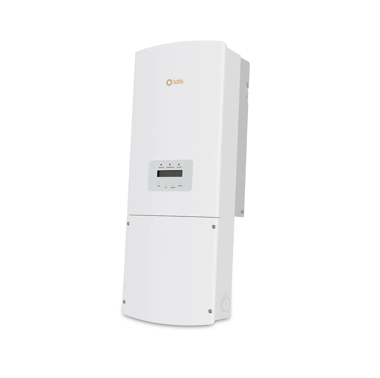 Solis white solar inverter with digital display, wall-mounted, clean background