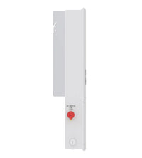 Slim white DC switch panel with red ON/OFF knob, electrical component on white background