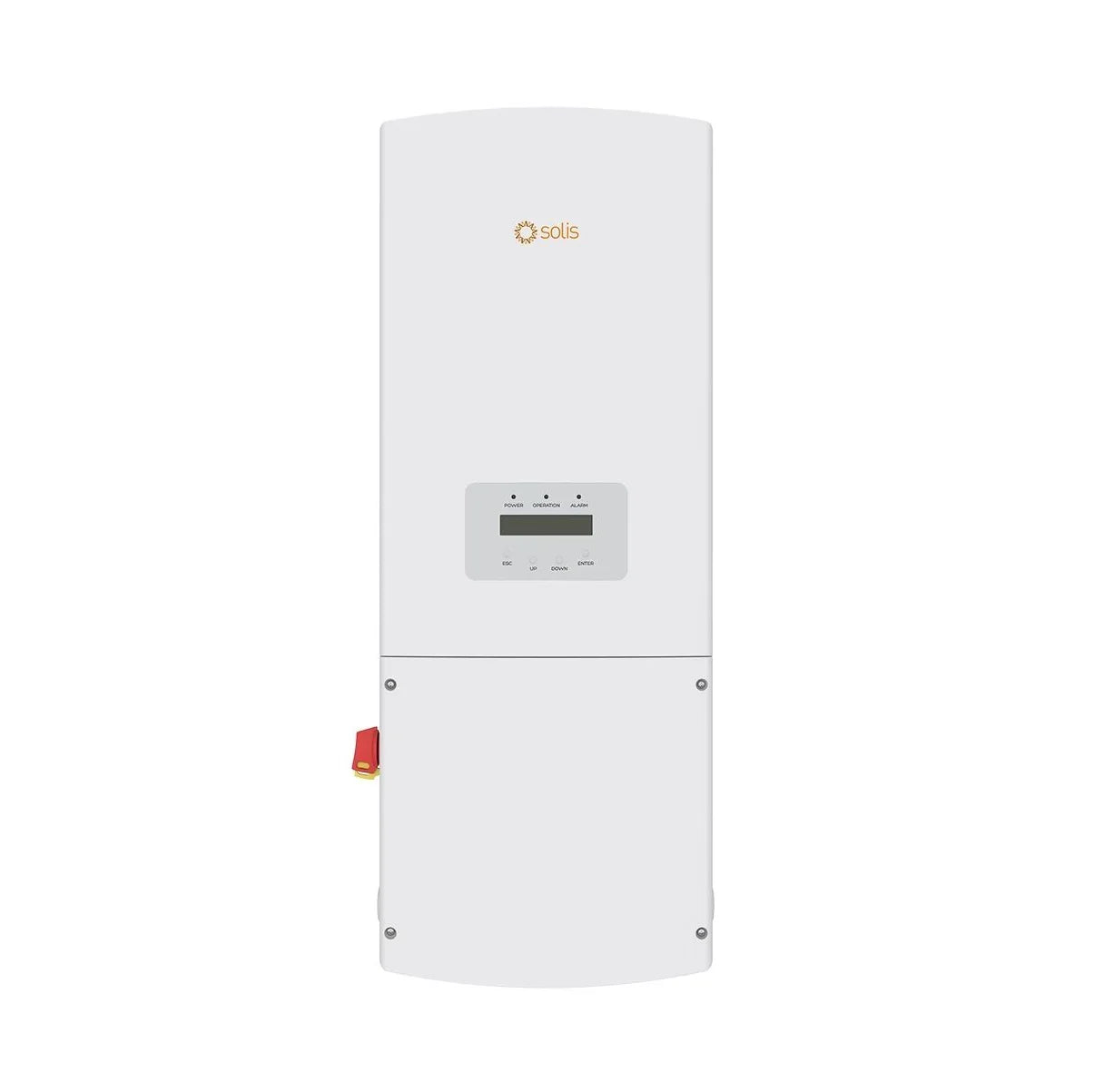 Solis solar inverter wall-mounted with display panel and control buttons, white casing