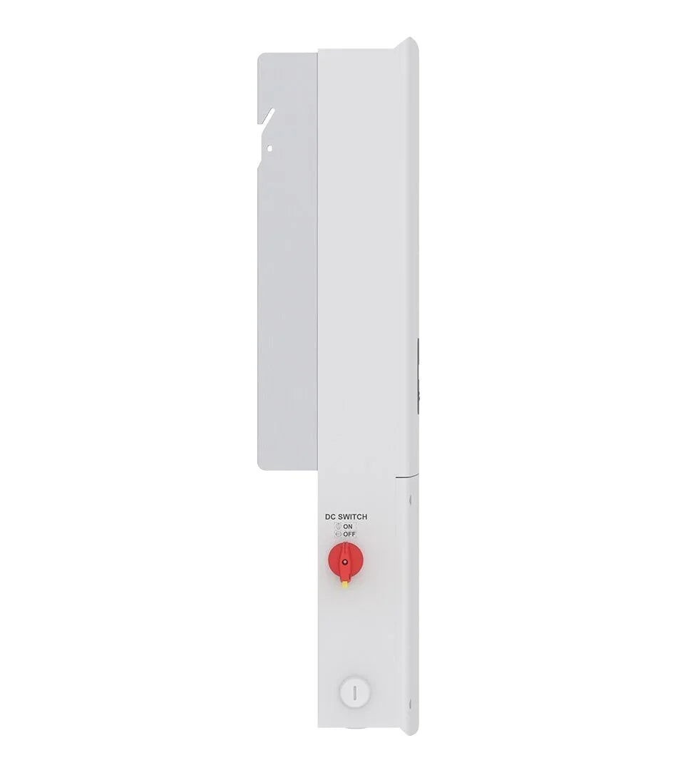 White electrical enclosure with red DC switch for solar power system