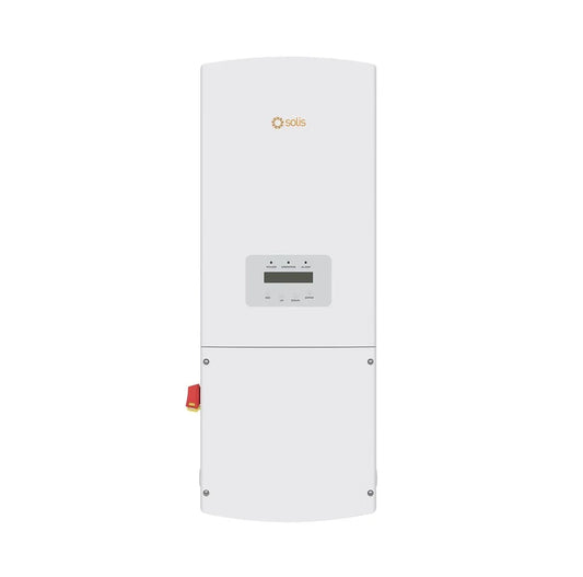 Solis solar inverter wall-mounted, white casing, front view, LCD display panel