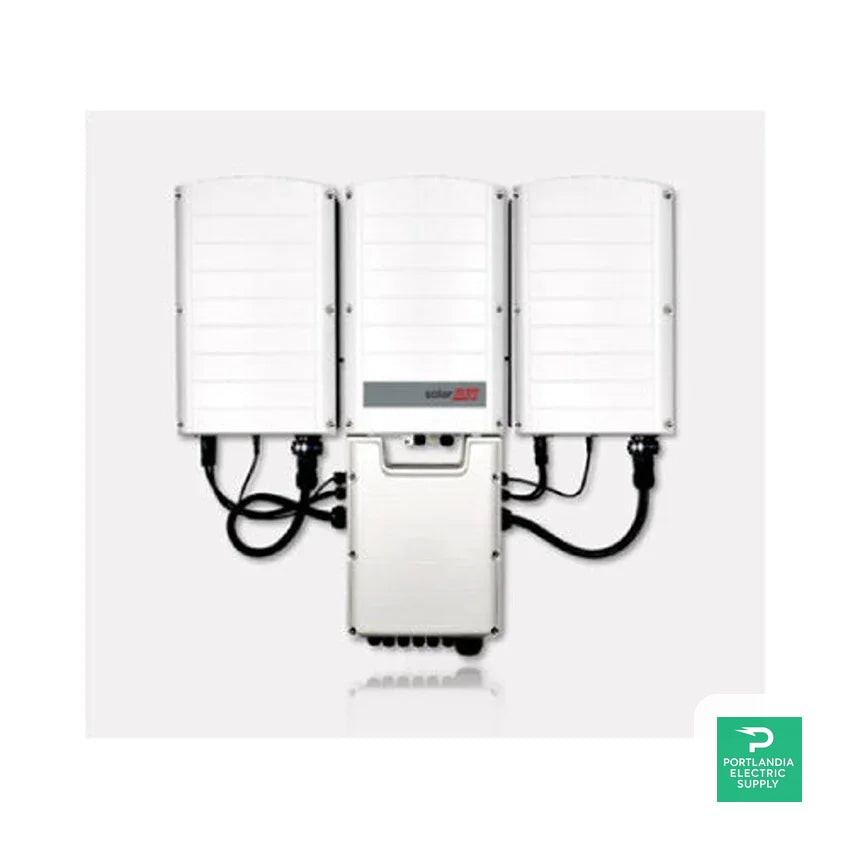 SolarEdge SE66.6K-US three-phase solar inverter front view with white casing and cables