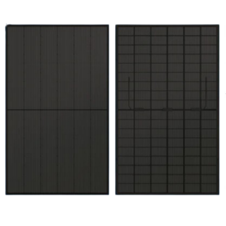 Two black solar panels with different textures on a white background