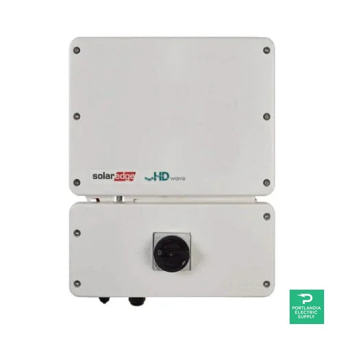 SolarEdge SE10000H HD-Wave inverter front view, white box with control knob, isolated