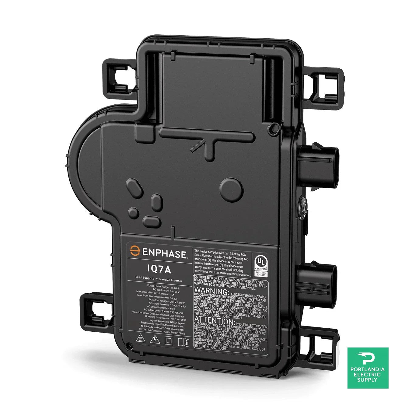 Enphase IQ7A microinverter front view, black casing with label and connector ports