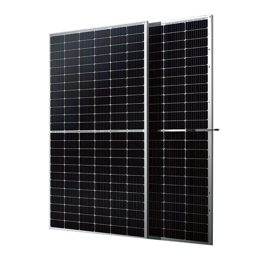 Two solar panels side by side on a white background