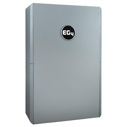 EG4 WallMount All Weather Battery mounted on an exterior wall, showcasing its rugged, weatherproof design and LCD touchscreen interface