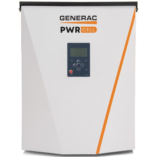 Generac Single Phase Inverter UL1741SB mounted on a wall with solar panels in the background, showcasing a modern residential solar setup.