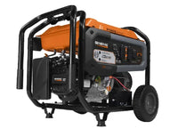 A black and orange Generac portable generator with a digital display, power outlets, and a mobile cart-style handle.