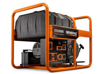 A Generac XD5000E diesel portable generator with a black body and orange frame.