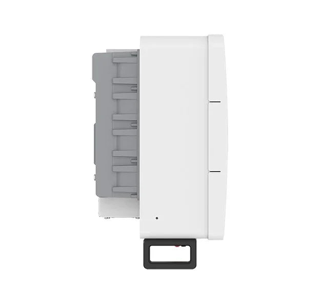 Side view of a white solar inverter with grey vent panel and black handle