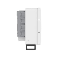 Side view of white and gray battery pack with carry handle, isolated on white background