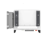 Front view of a white solar inverter with visible heat sinks and open side panel