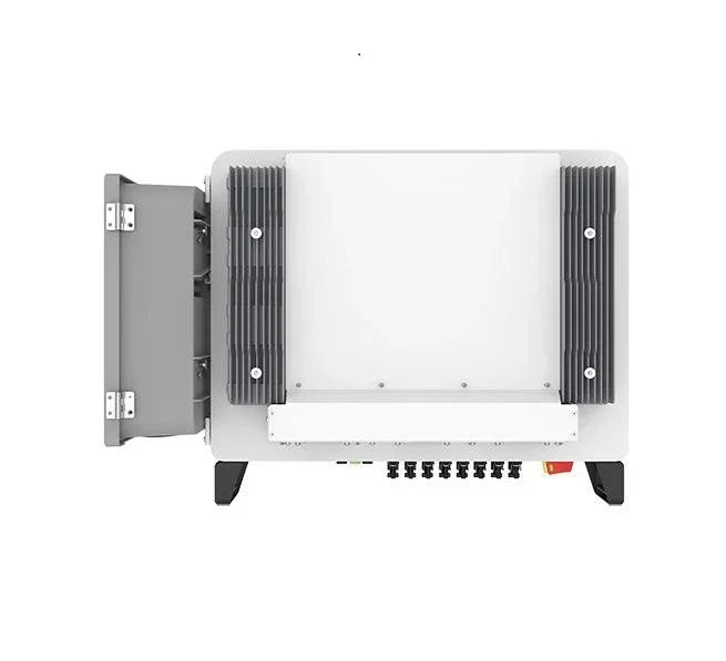 Top view of gray and white solar inverter with cooling fins and open access panel