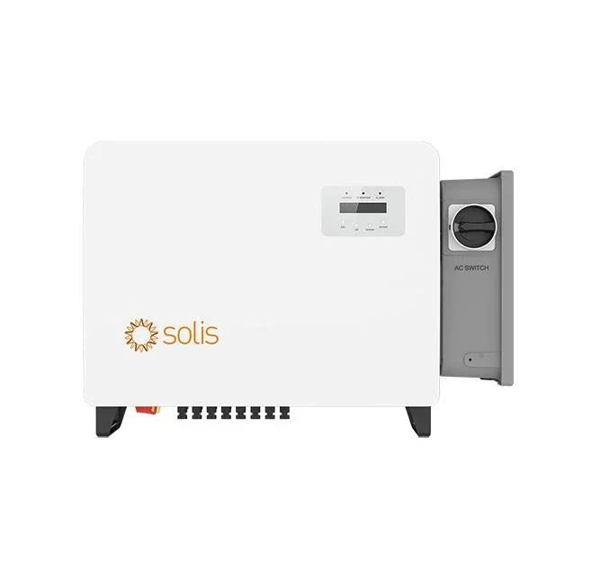 Solis solar inverter with white casing, control panel, and visible AC switch