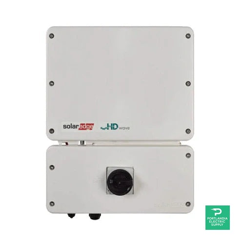 SolarEdge SE5000H HD-Wave inverter front view, white box with logos and control knob