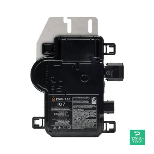 Front view of Enphase IQ8PLUS microinverter with label and branding visible