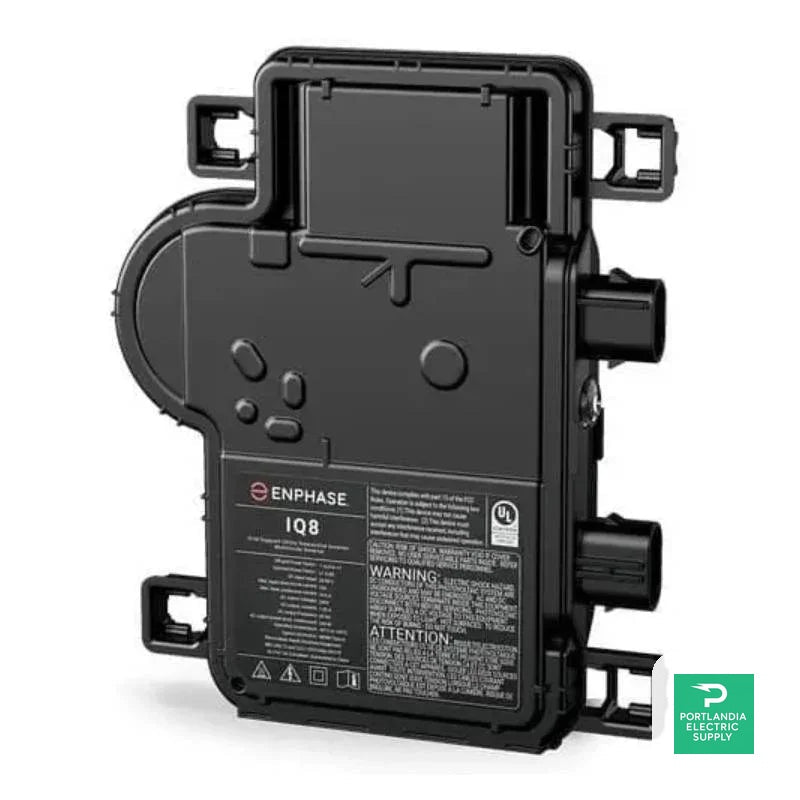 Enphase IQ8A microinverter black rectangular unit for solar panels on white background