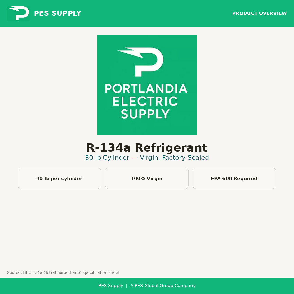 R-134a Refrigerant 30 lb Cylinder (Virgin, Factory-Sealed) — product overview, PES Supply branded
