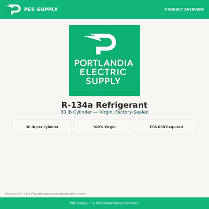 R-134a Refrigerant 30 lb Cylinder (Virgin, Factory-Sealed) — product overview, PES Supply branded
