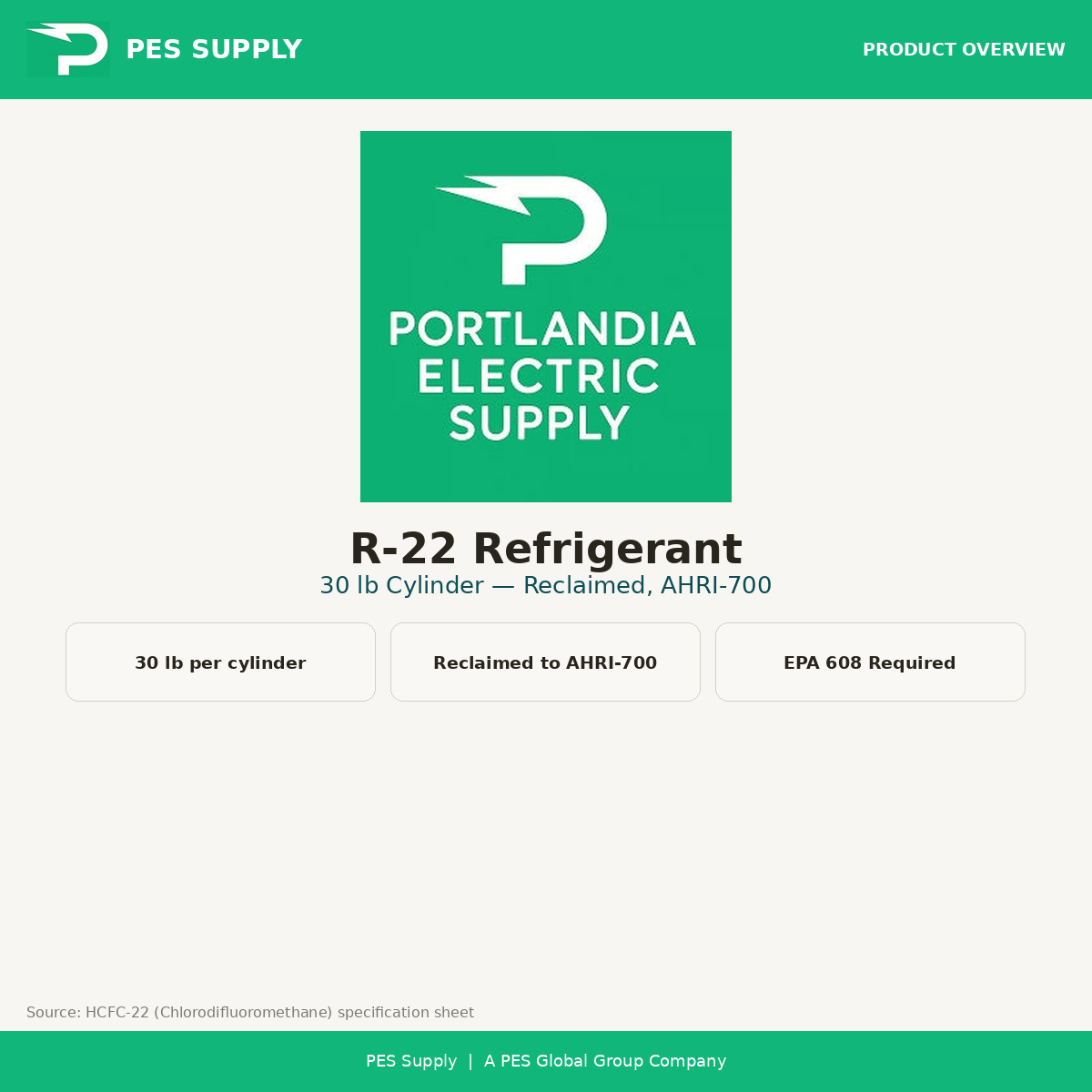 R-22 Refrigerant 30 lb Cylinder (Reclaimed, AHRI-700) — product overview, PES Supply branded