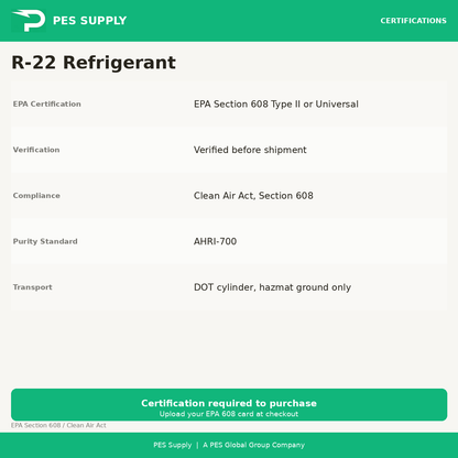 R-22 Refrigerant 30 lb Cylinder (Reclaimed, AHRI-700) — EPA Section 608 certification required to purchase