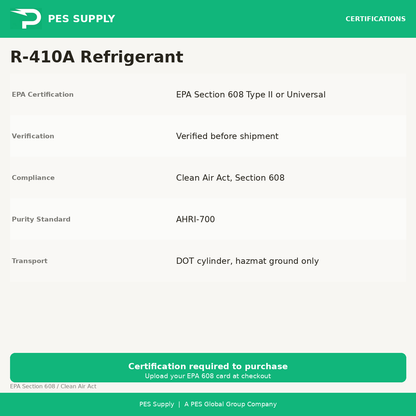 R-410A Refrigerant 25 lb Cylinder (Virgin, Factory-Sealed) — EPA Section 608 certification required to purchase