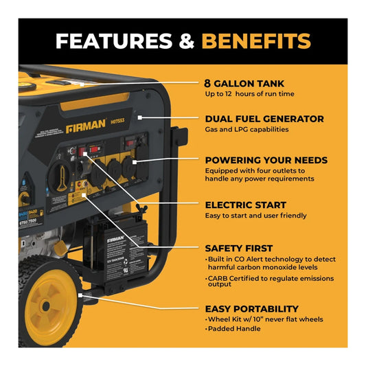 Firman H07553 - 7500W/9400W Dual Fuel Portable Generator