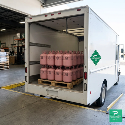 R-134a Refrigerant 30 lb Cylinder — Pallet loaded on hazmat-cleared ground truck for delivery, PES Supply