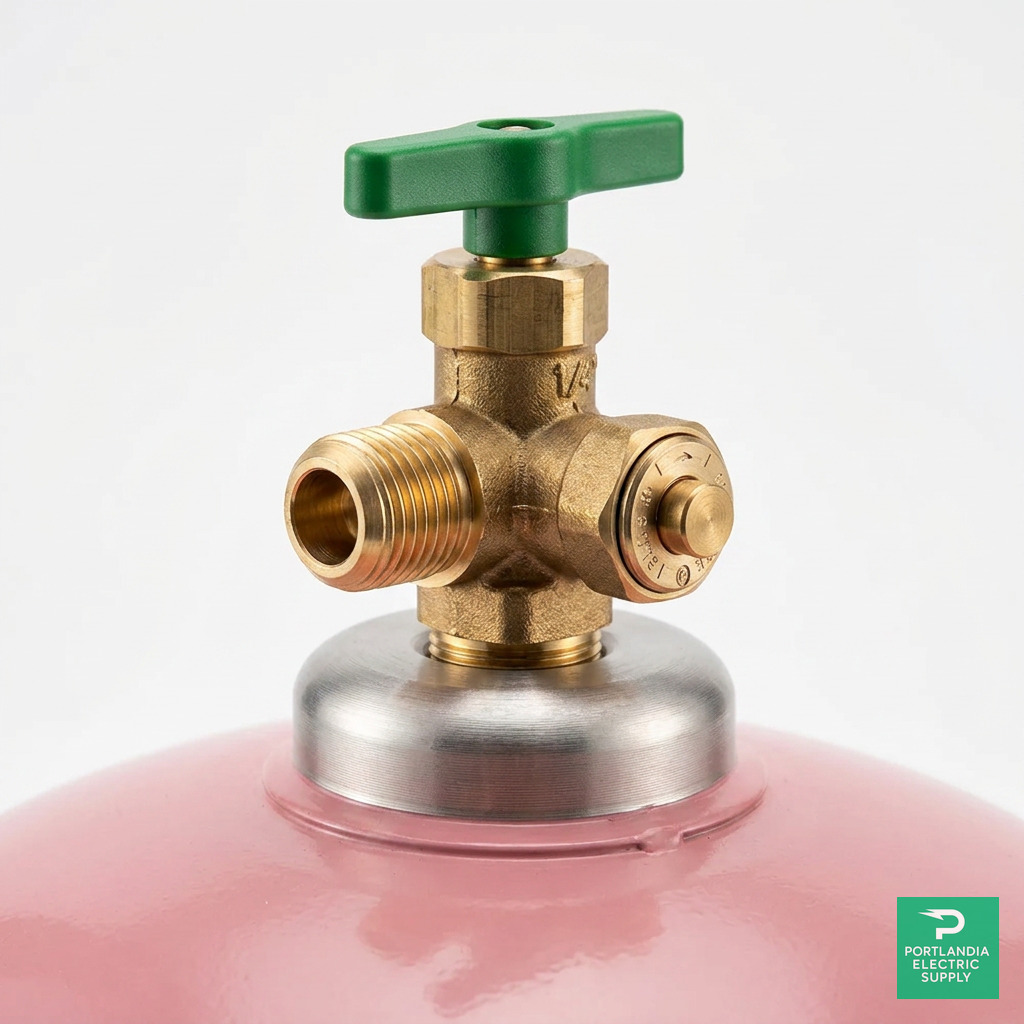 R-22 Refrigerant 30 lb Cylinder — Cylinder brass valve close-up, PES Supply
