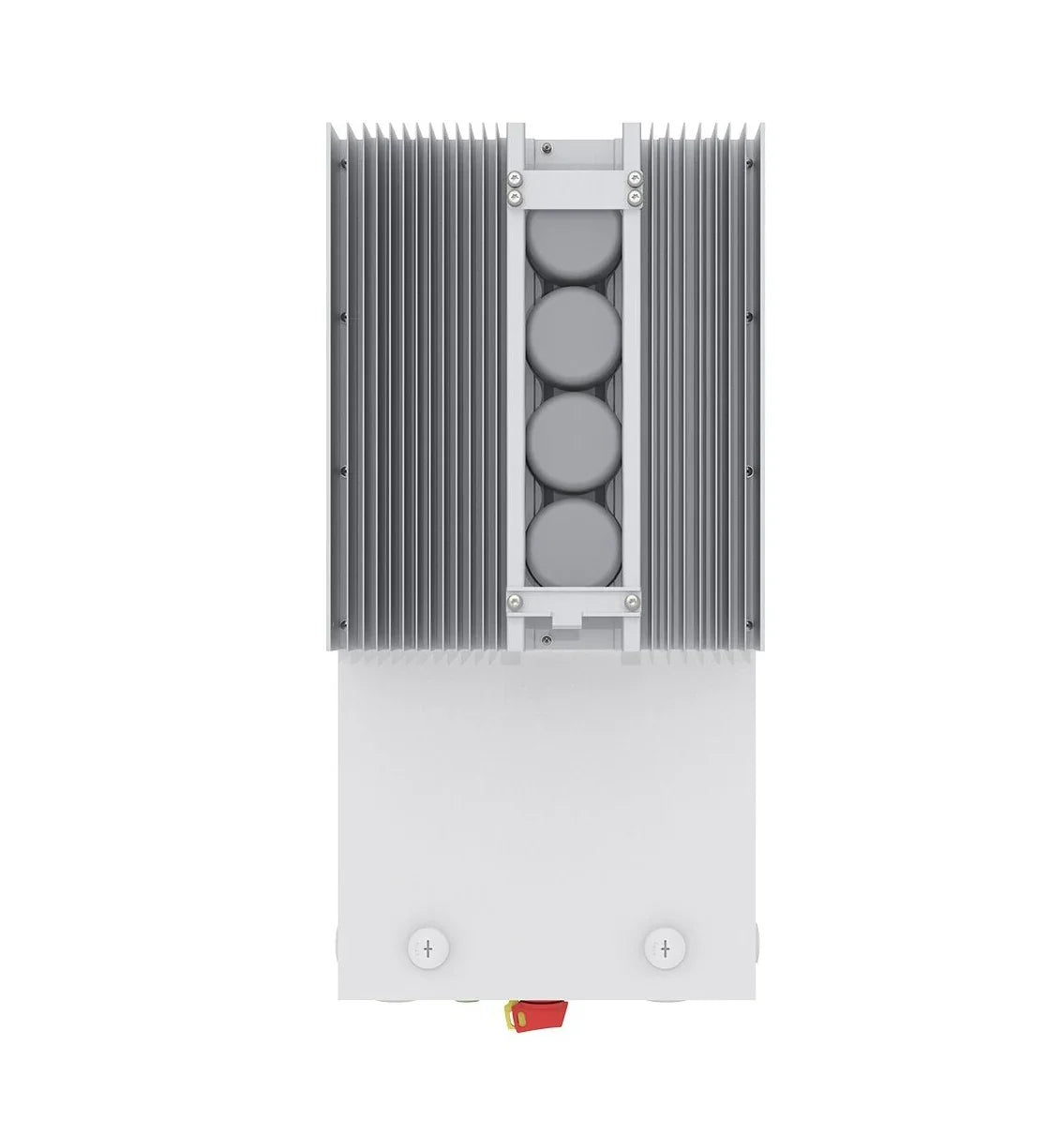 Solis solar inverter with gray fins and visible top connectors on white background