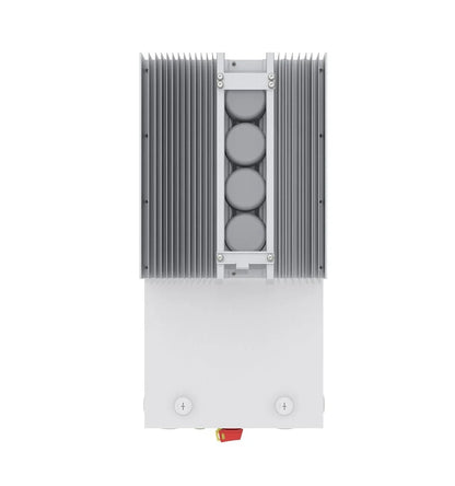 Solis solar inverter with gray fins and visible top connectors on white background