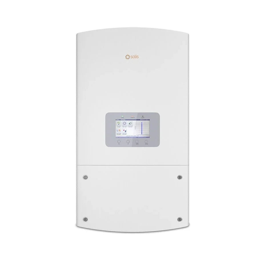 Solis 36kW 3-phase solar inverter with touchscreen display, white wall-mounted unit