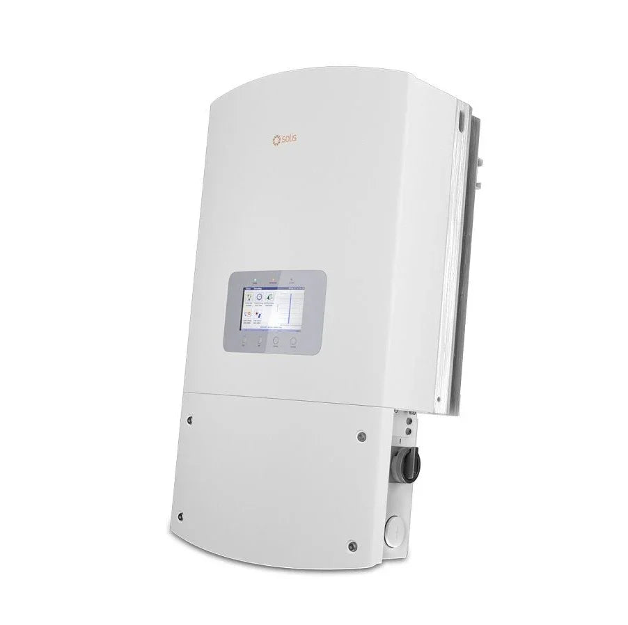 Solis 36kW 3-phase solar inverter with digital display panel, white casing, and 4 MPPT