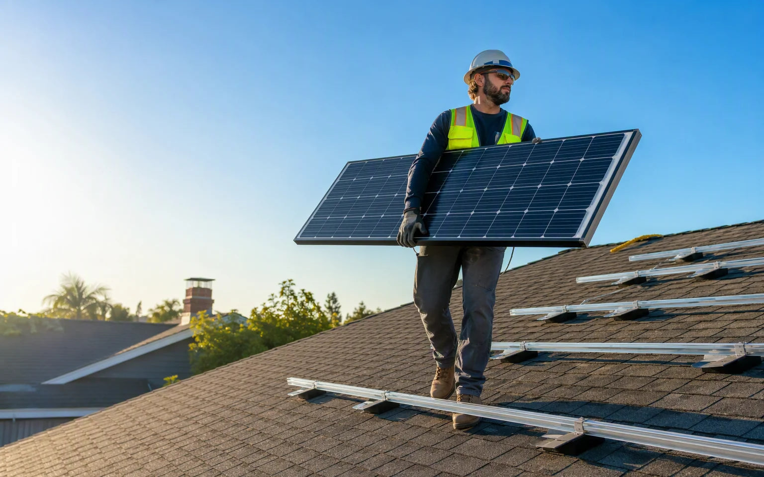 Solar installer carrying a panel across a residential rooftop with racking rails