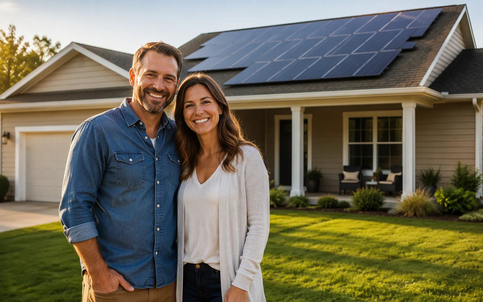 Homeowners in front of their house with a new rooftop solar array