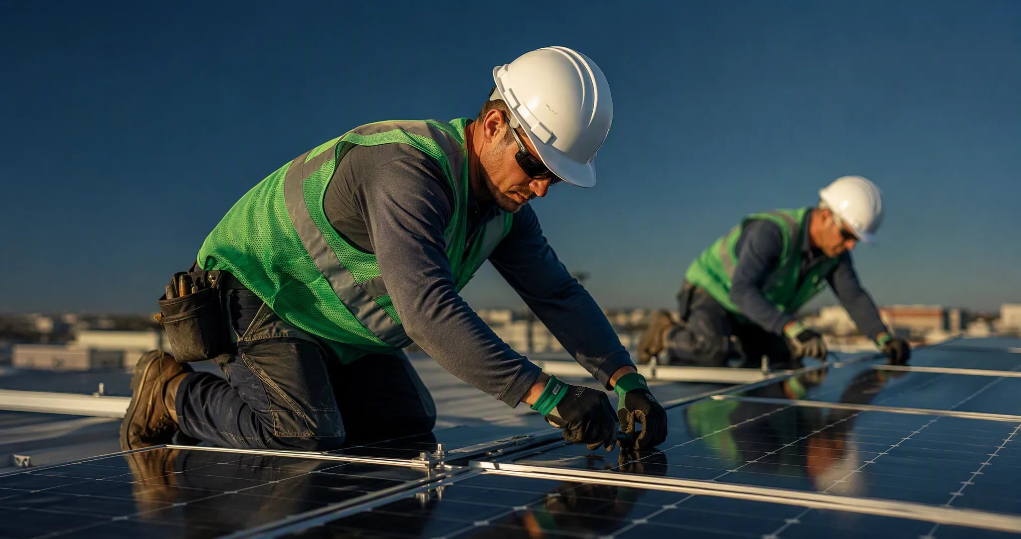 Installation crew mounting solar panels on a rooftop