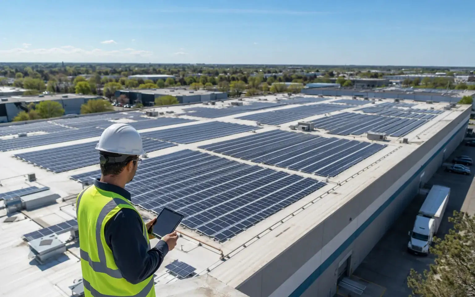 Engineer with tablet reviewing a large commercial rooftop solar array