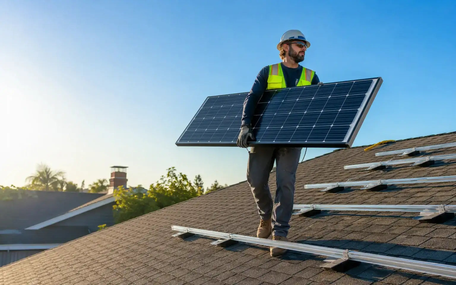 Solar installer carrying a panel across a residential rooftop with racking rails