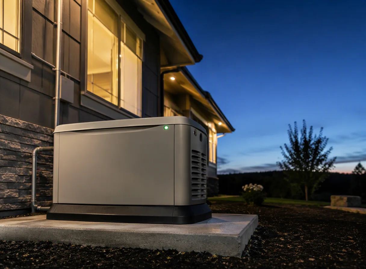 Home standby generator running at dusk beside a lit house