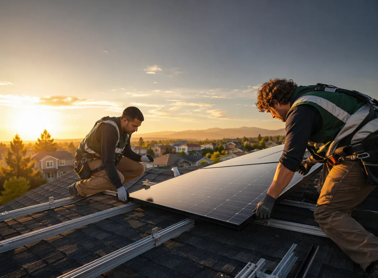 Installers mounting a rooftop solar panel at golden hour