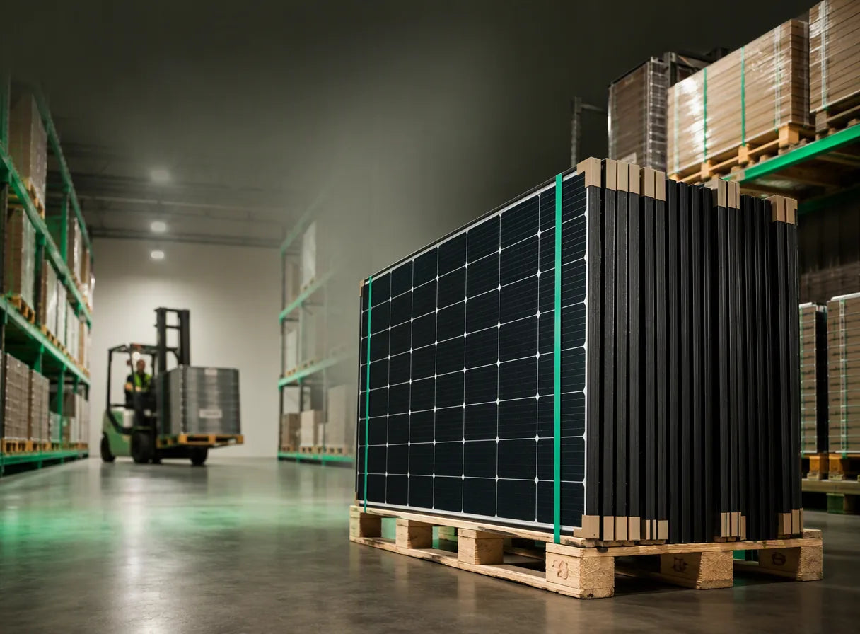 Pallet of new solar panels in the PES warehouse