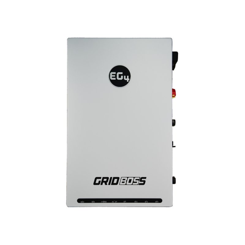 EG4 GridBOSS front panel with smart load ports, hybrid inverter terminals, and 200A service entrance