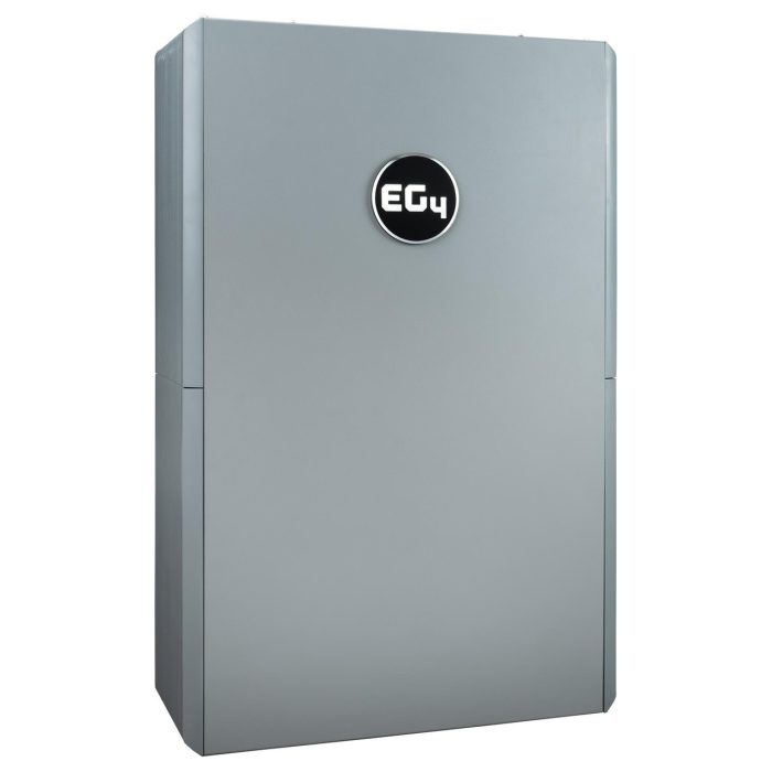 EG4 WallMount All Weather Battery mounted on an exterior wall, showcasing its rugged, weatherproof design and LCD touchscreen interface
