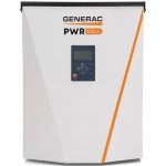 Generac Single Phase Inverter UL1741SB mounted on a wall with solar panels in the background, showcasing a modern residential solar setup.