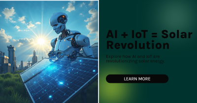 Role of AI and IoT in Solar Energy - Illustration of solar panels with cloud-connected IoT sensors and AI dashboards optimizing energy output.
